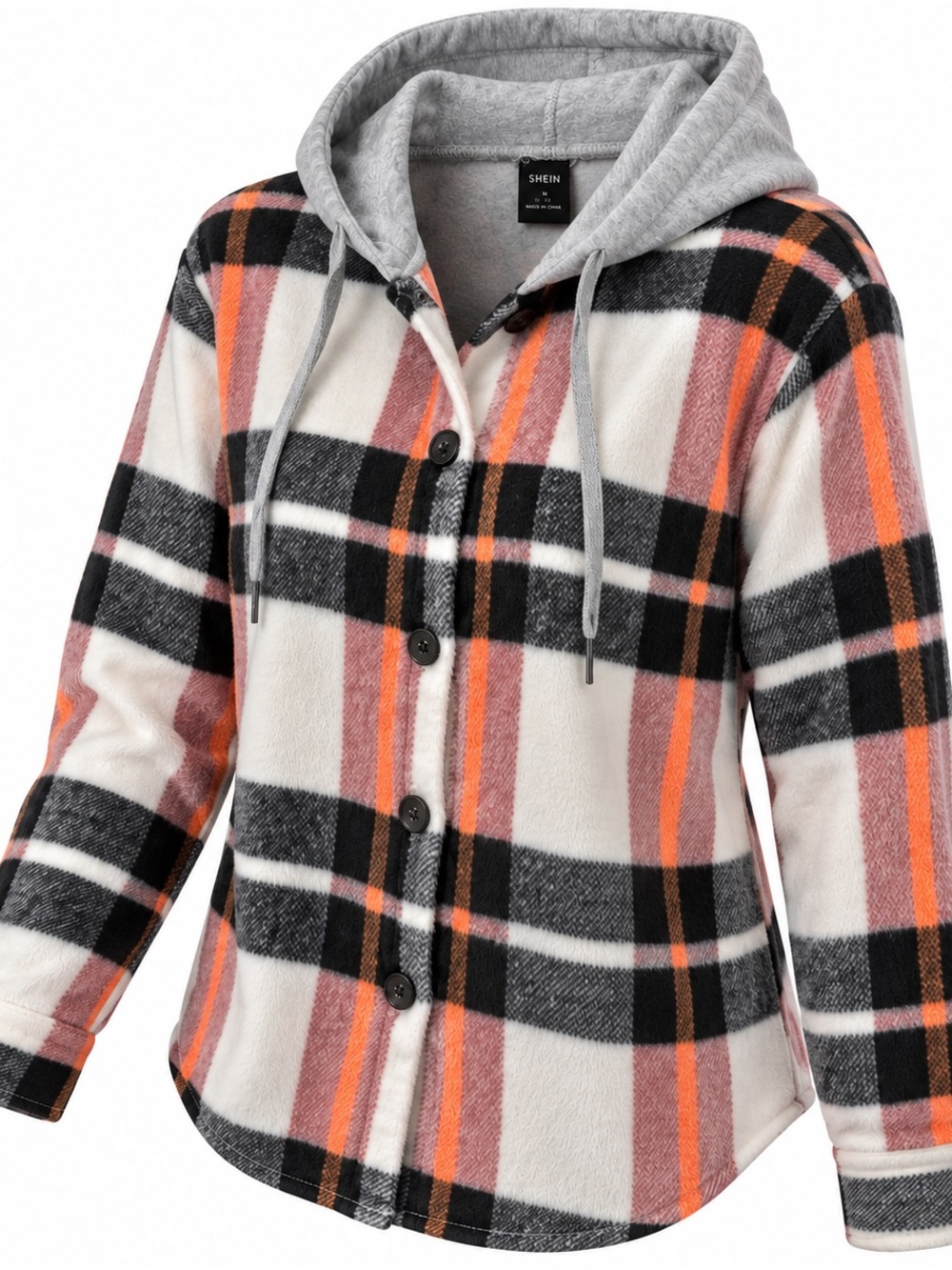 SHEIN Pink, Black & Gray Plaid Hooded Button-Up Jacket